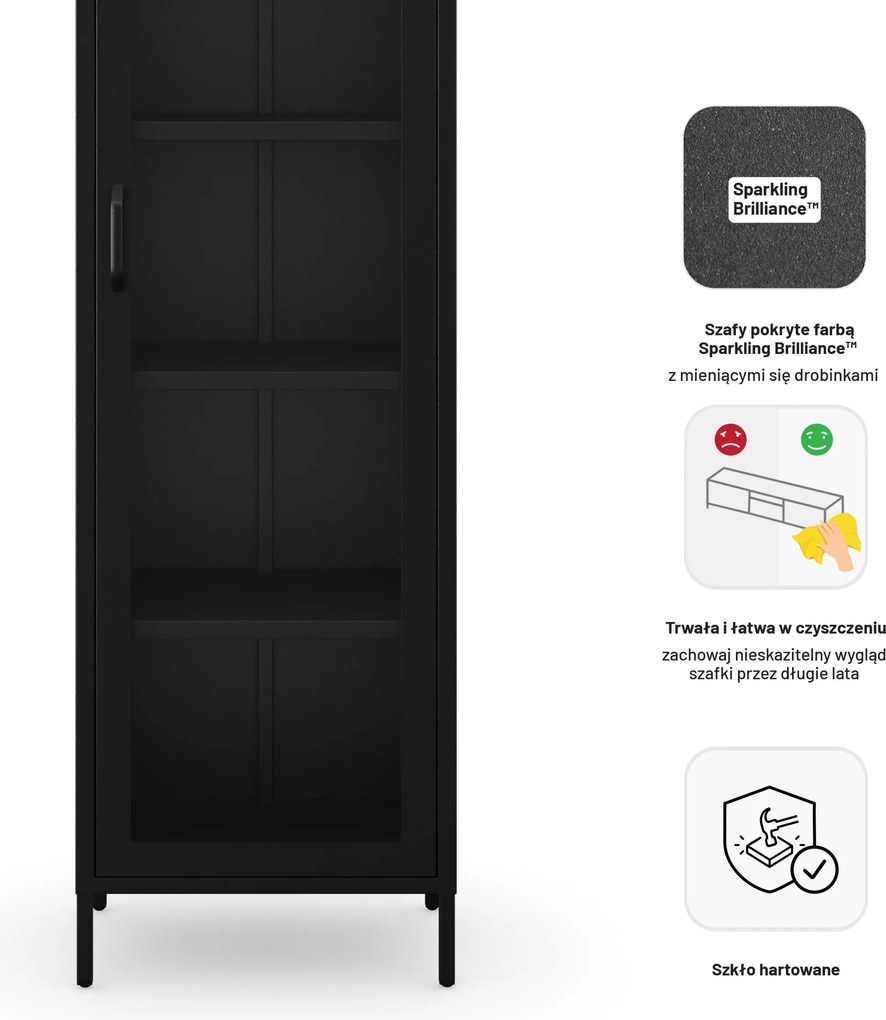 Witryna szklana do salonu wąska metalowa czarna LUIGI Modern 500 x 1800 x 350 mm