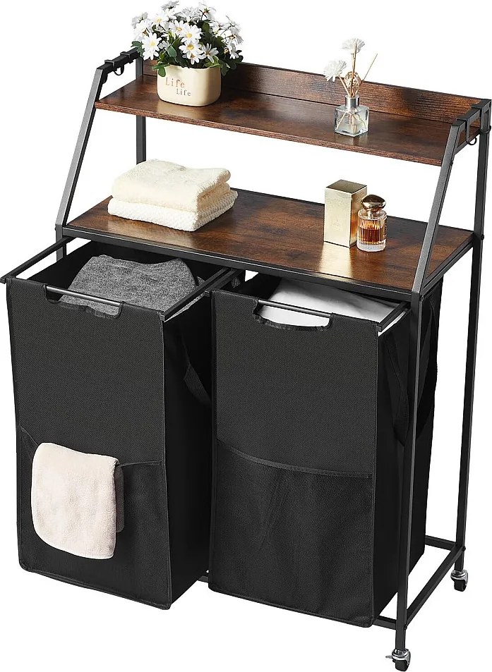 Kosz na Pranie SucceBuy 2-Poziomowy Sorter na Pranie z Kółkami, 2-Komorowym Koszem na Pranie, Metalową Ramą, Drewnianym Blatem, Półką i Workami z Tkaniny
