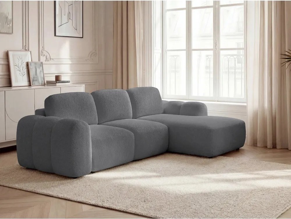 Szary rozkładany/ze schowkiem narożnik z materiału bouclé (prawostronny/z szezlongiem) Montaigne – Bobochic Paris