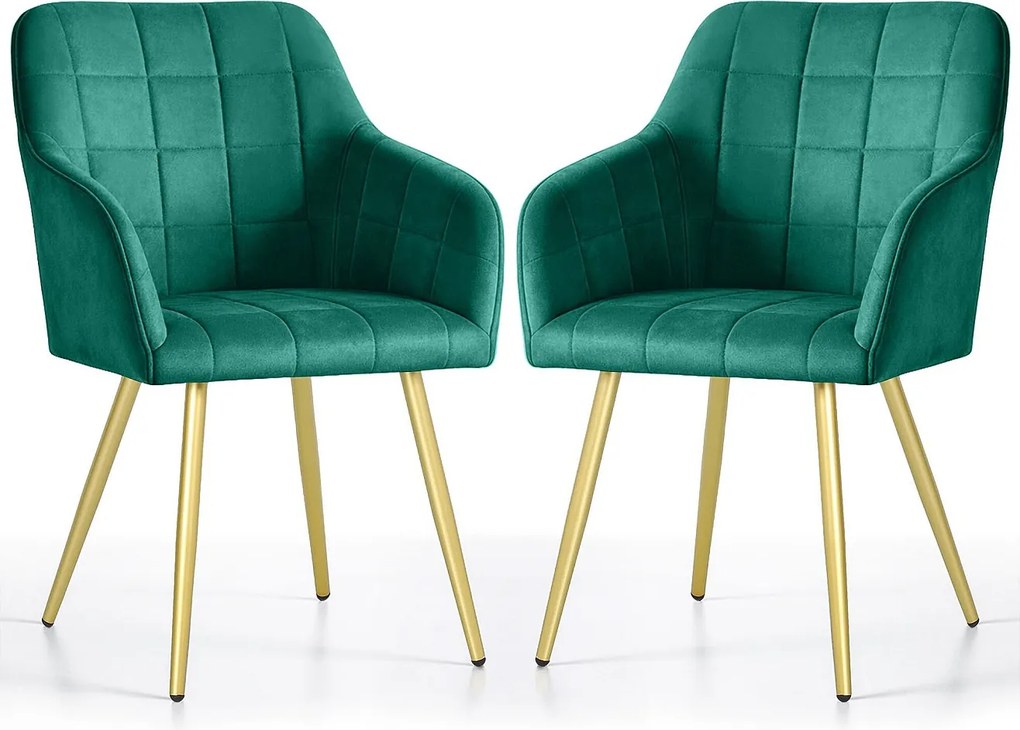 2x Krzesło tapicerowane z przeszyciami kwadratowymi Butelkowa Zieleń LUXANO Złote nogi