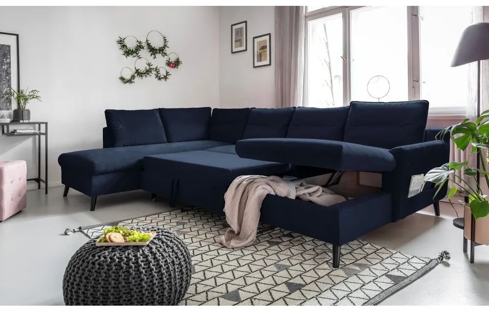 Ciemnoniebieska aksamitna rozkładana sofa w kształcie litery "U" Miuform Stylish Stan, lewostronna