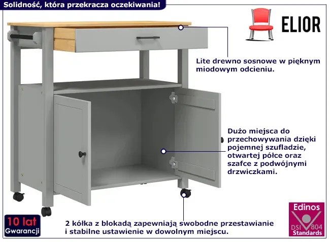 Szary wózek kuchenny z szufladą i drzwiczkami - Remmir 3X