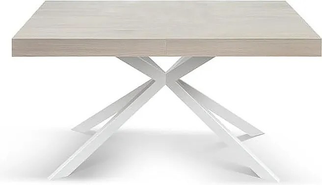 Stół drewniany, wykończenie perłowy wiąz, biała podstawa X, rozkładany 160x90 - CAMAIORE