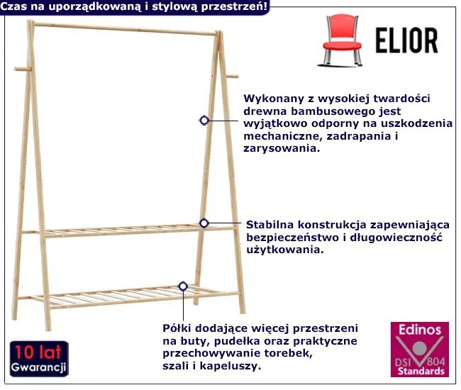 Bambusowy na ubrania wieszak z półkami 132cm S2-H46