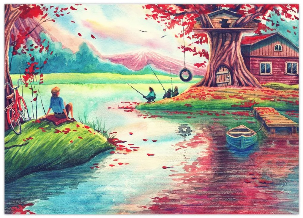 Obraz na szkle - Akwarela, Bay in a mountain village (70x50 cm)