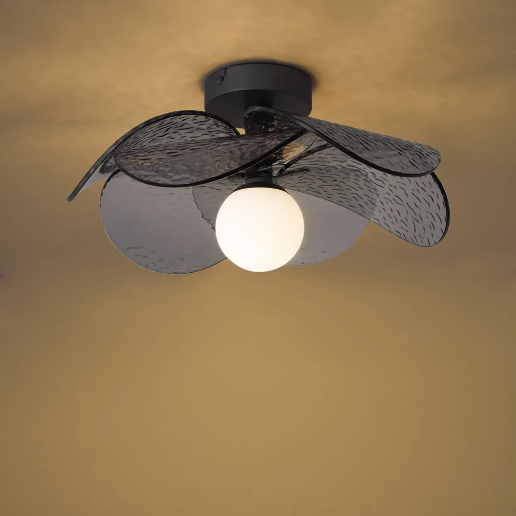 Designerska lampa sufitowa srebrna z przydymionym, żebrowanym szkłem - Kemner