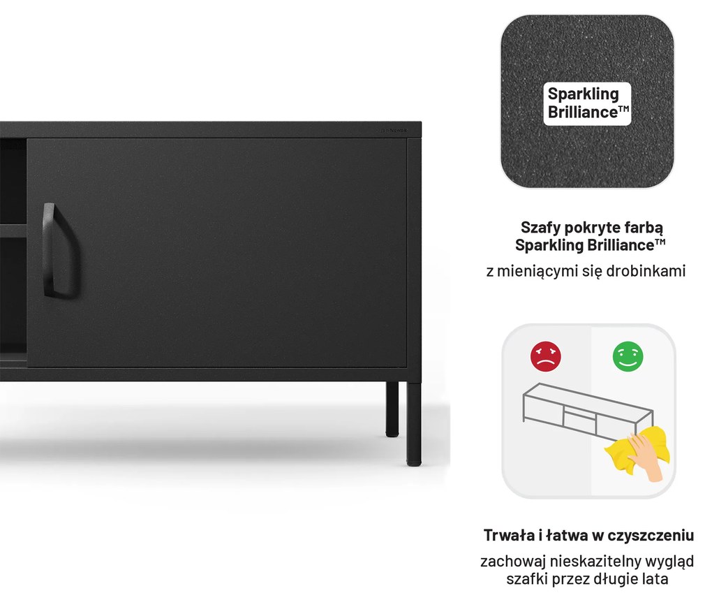 Szafka RTV metalowa szeroka XL na nóżkach czarna, 1700x400x500 mm: ROSARIA