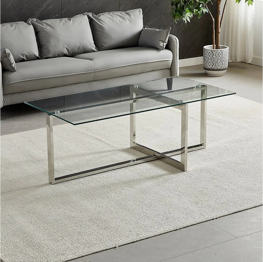 Prostokątny stolik kawowy – Hartowane szkło przezroczyste – Srebrny metal – CHIARA