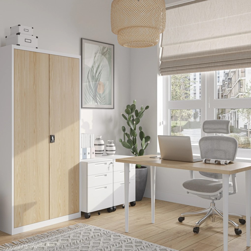 Szafa na dokumenty biurowa metalowa biała/ dąb sonoma: Eco Design JAN H, 900 x 1950 x 400 mm