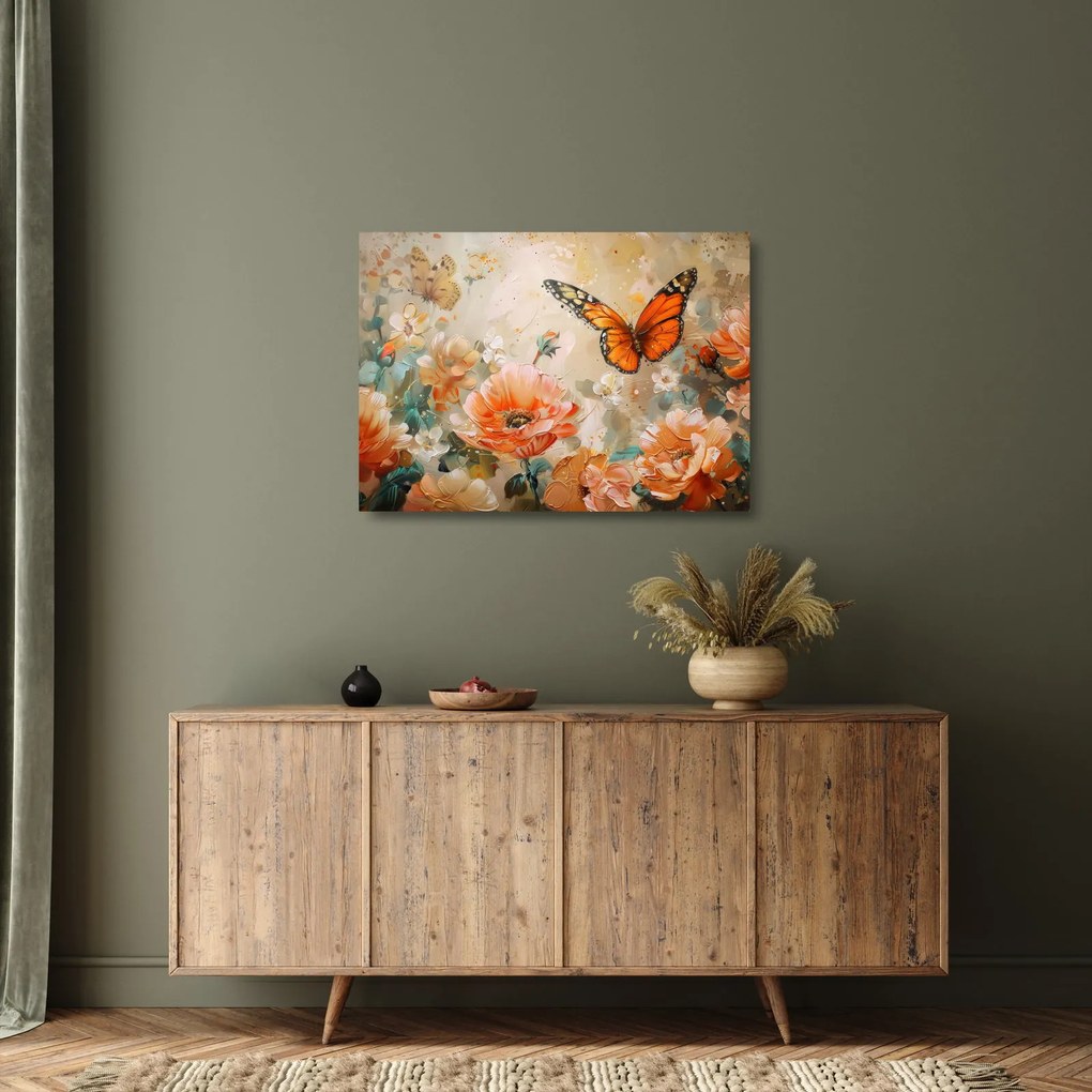 Obraz na szkle - Motyl i kwiaty, obraz olejny (70x50 cm)