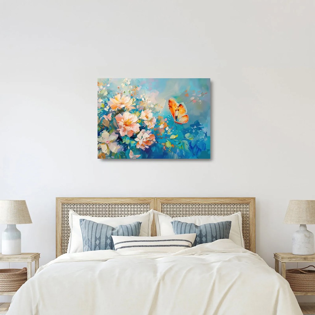 Obraz na szkle - Motyl i kwiaty, obraz olejny II. (70x50 cm)