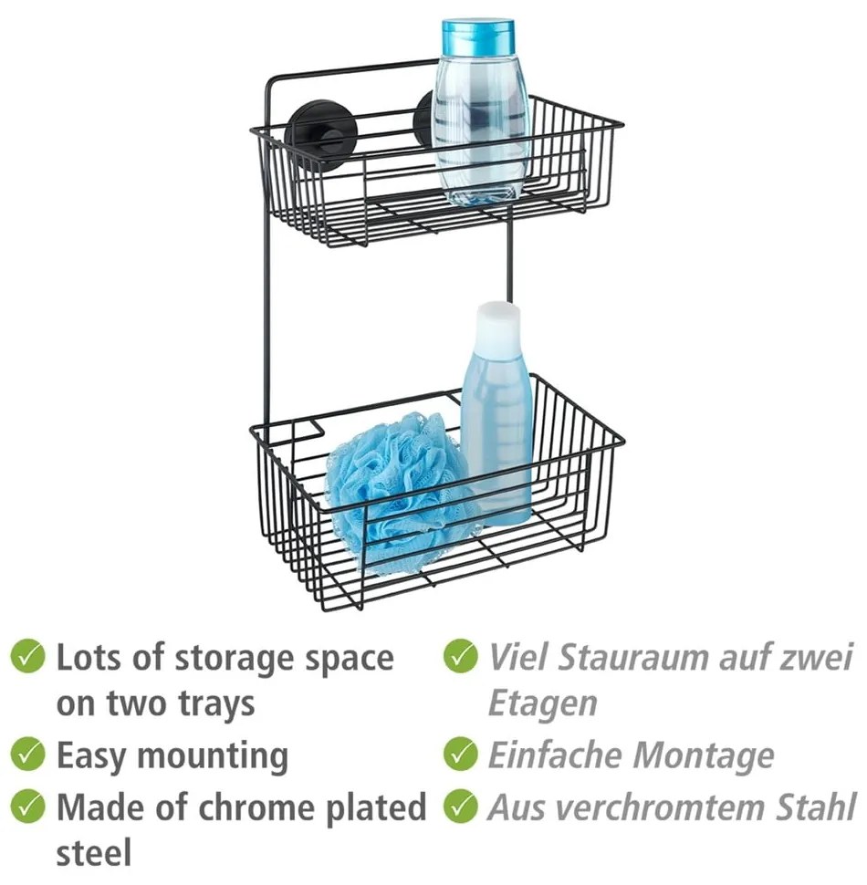 Czarna ścienna dwupoziomowa półka łazienkowa Wenko Vacuum-Loc® Pavia