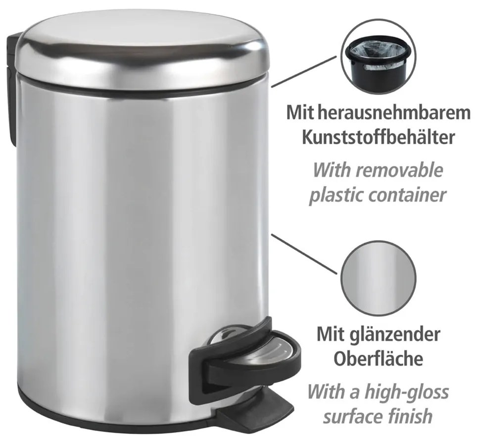 Kosz na śmieci z pedałem w srebrnym kolorze Wenko Leman Shiny, 3 l