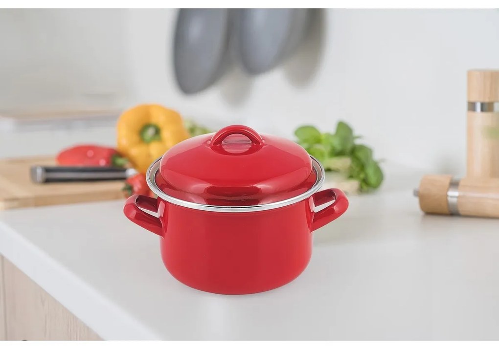 Banquet Garnek emaliowany z pokrywką Milton czerwony 16 cm, 2 l, 16 cm