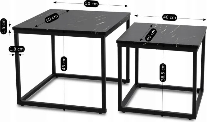 Zestaw Stolików Kawowych JUNO Czarny Marmur/Czarny do Salonu Glamour Nowoczesny