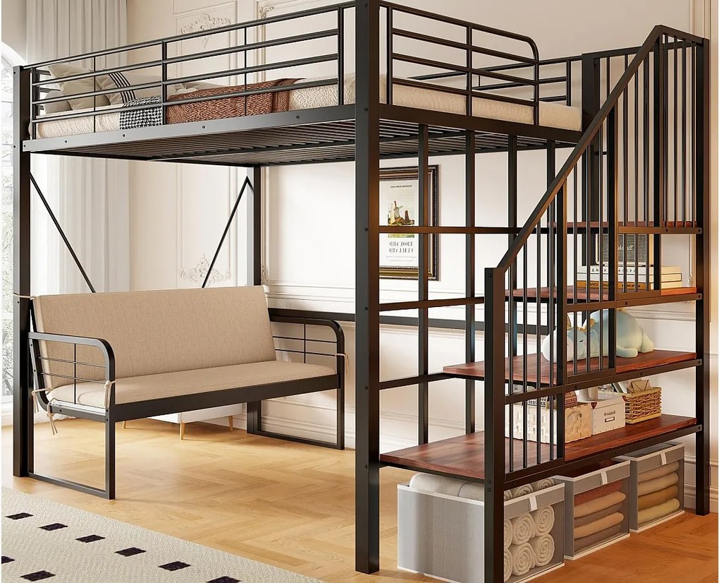 Łóżko na antresoli 90 x 200 cm - Konstrukcja metalowa - Z kanapą - Z drabiną - Czarny​ (materac nie jest wliczony w cenę)