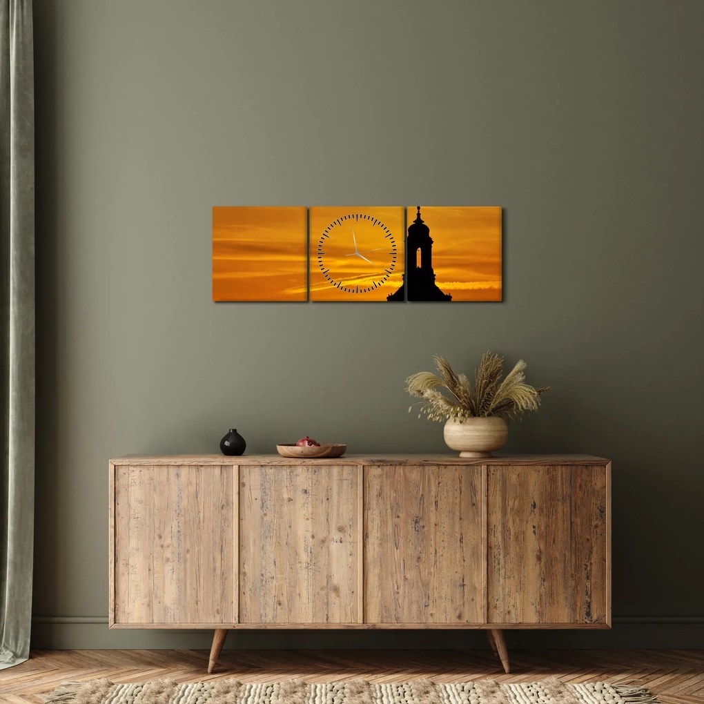 Obraz kościoła o zachodzie słońca (z zegarem) (90x30 cm)