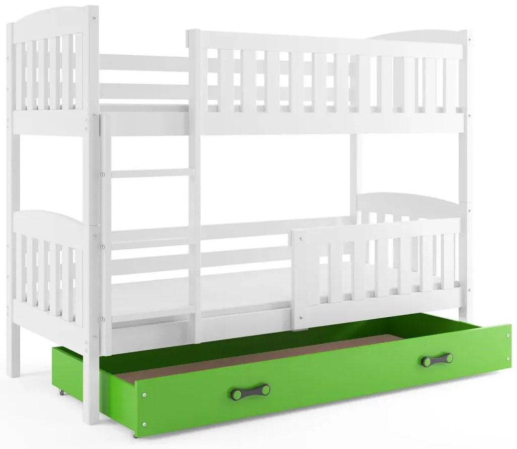 Białe łóżko piętrowe z zieloną szufladą 90x200 W5-S16