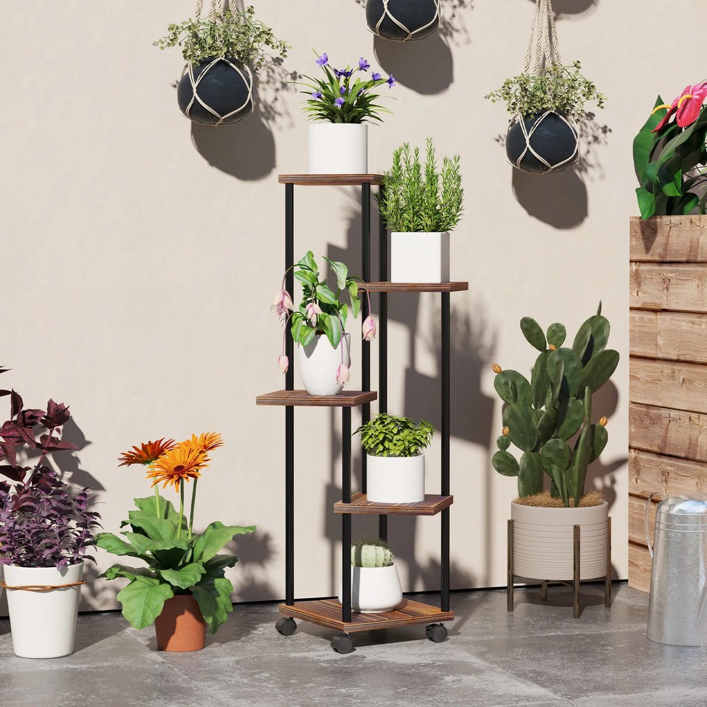 Outsunny Stojak na Kwiaty z 5 Półkami, Pięcioetapowy Stojak na Rośliny, Design Przestawny, Łatwy do Przemieszczenia, Drewno, Stal
