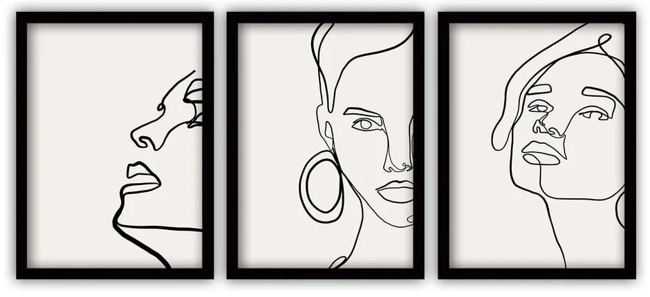 Zestaw 3 obrazów w czarnej ramie Vavien Artwork Lines, 35x45 cm