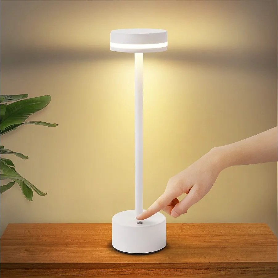 NETTLIFE Nettlife Bezprzewodowa lampa stołowa LED z funkcją ściemniania, lampka nocna z akumulatorem USB-C, biała, dotykowa lampa do sypialni