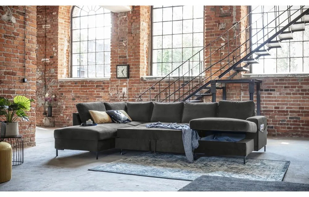 Ciemnoszara aksamitna rozkładana sofa w kształcie litery "U" Miuform Lofty Lilly, lewostronna