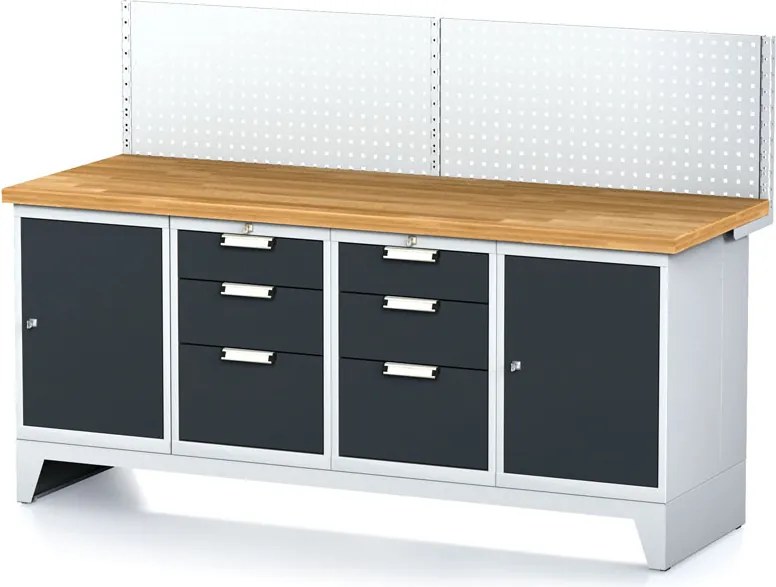 Stół warsztatowy MECHANIC z panelem perforowanym, 2000x685x880 mm, 2x 3 szufladowy kontener, 2x szafka, grafitowy