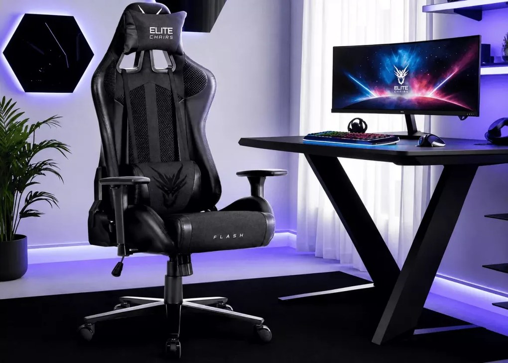 Gamingowy czarny fotel Rilonis obrotowy z regulacją oparcia i podłokietnikami 3D