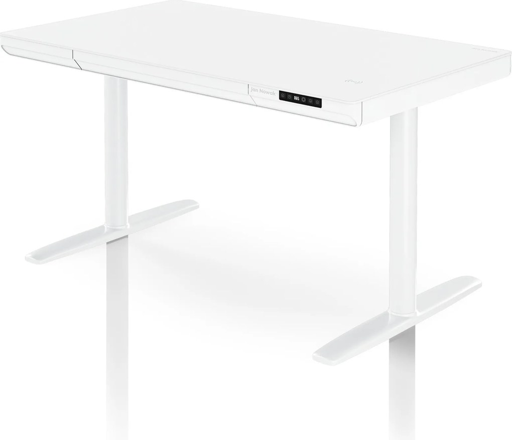 Biurko elektryczne sit-stand z szufladą i ładowarką bezprzewodową Qi białe, 1200 mm: ELLIS