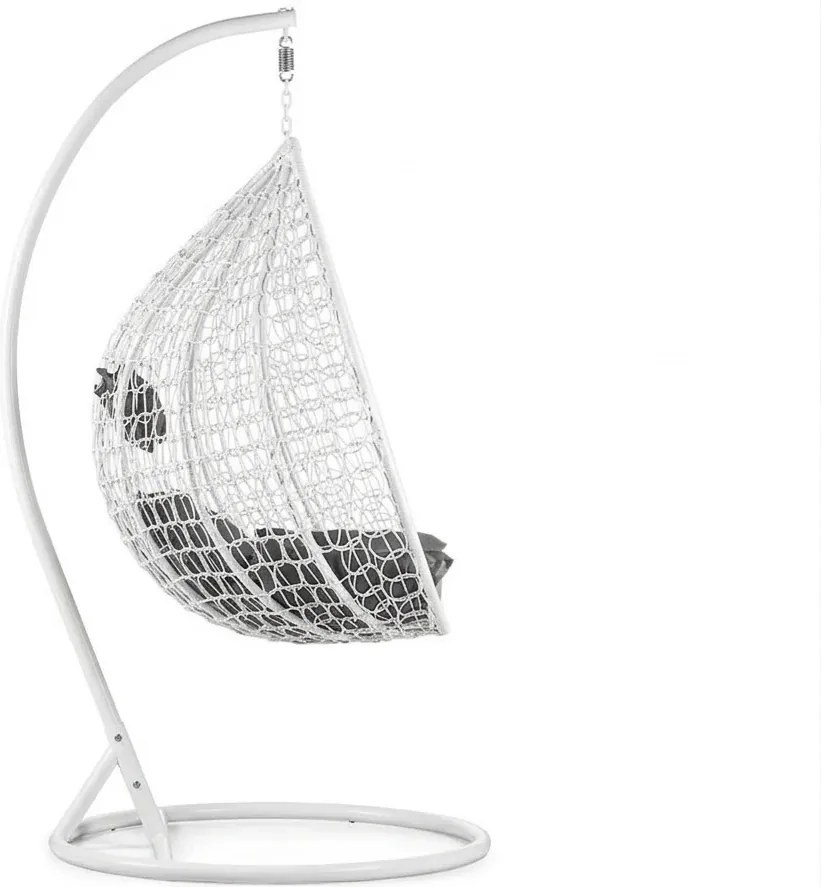 Białe wiszące krzesło KOKON ze stojakiem, szara poduszka