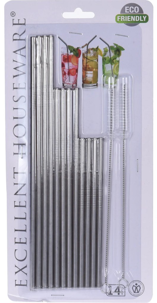 Metalowe słomki, 12 sztuk o różnej długości + 2 czyściki