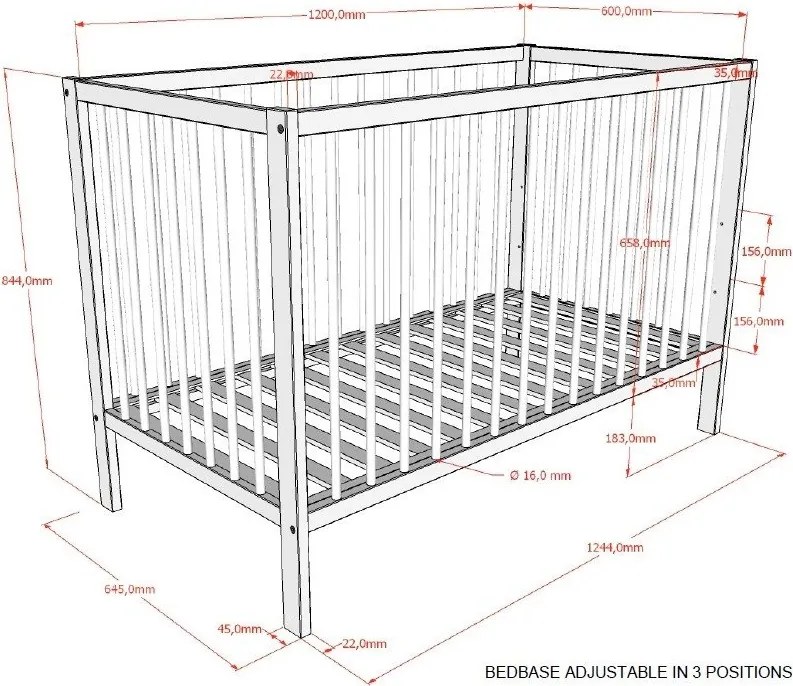 Brązowe łóżeczko z litego drewna bukowego z regulowaną wysokością 60x120 cm Dino – Vipack