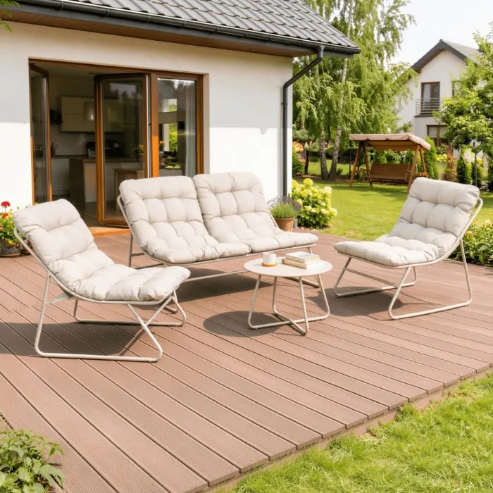Zestaw Mebli Ogrodowych MEGARA Beżowy Sofa 2x Fotel Stolik Tarasowy Nowoczesny
