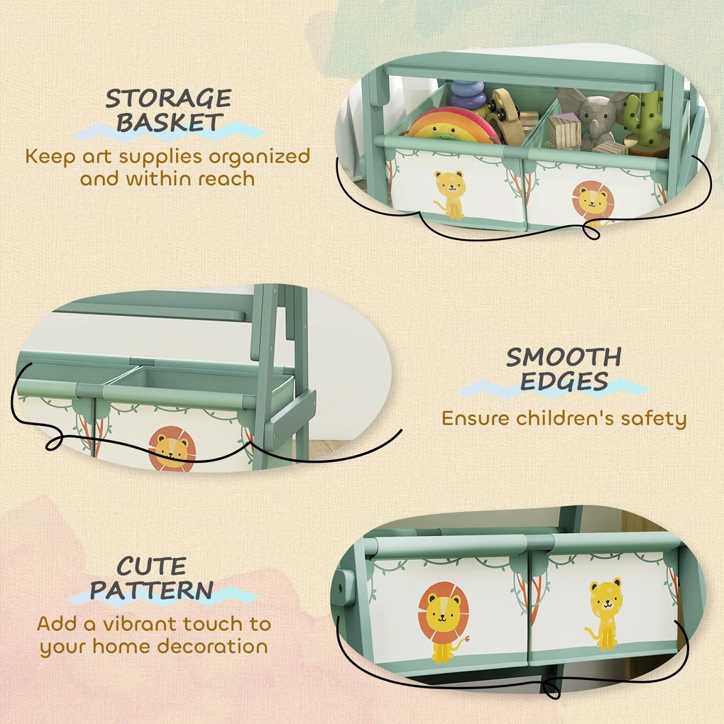 AIYAPLAY Dziecięca tablica 3-w-1 z tablicą kredową, białą tablicą, papierową rolką, 2 koszami, dla dzieci 3-8 lat, zielona | Aosom PL