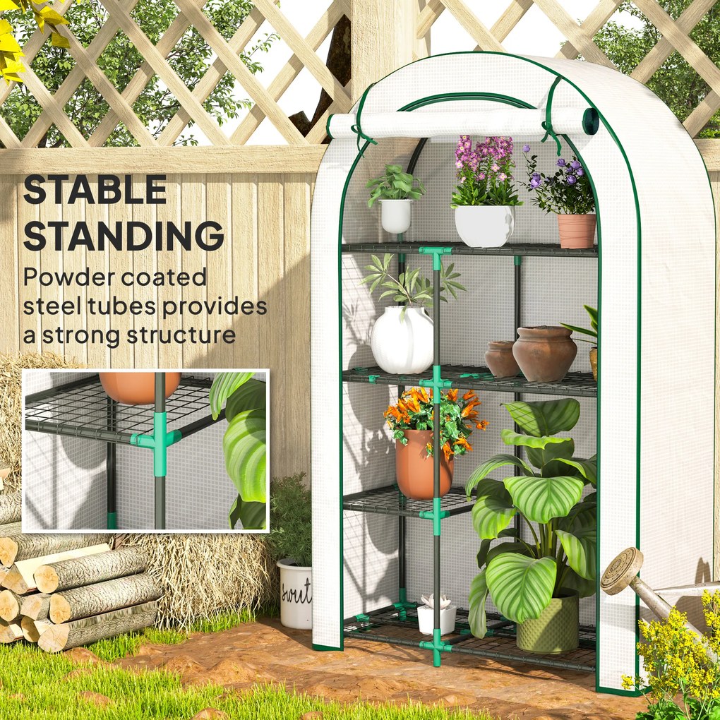 Outsunny Mini-szklarnia, 4-poziomowa szklarnia z folią plastikową, przenośna, z rolowanymi drzwiami, 100 x 45 x 160 cm, biała