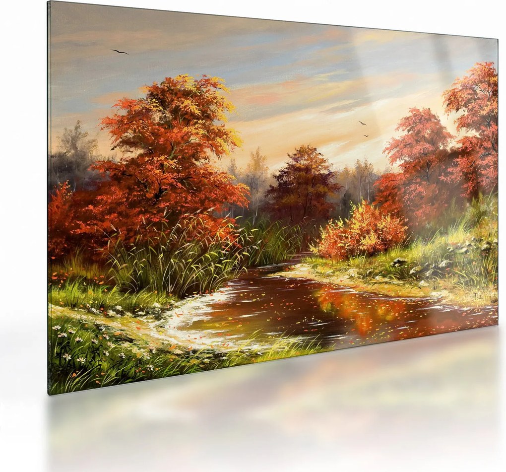 Obraz na szkle rzeki w jesiennym krajobrazie, obraz olejny (70x50 cm)