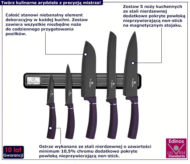 Fioletowy komplet noży z powłoką non-stick E4-R60