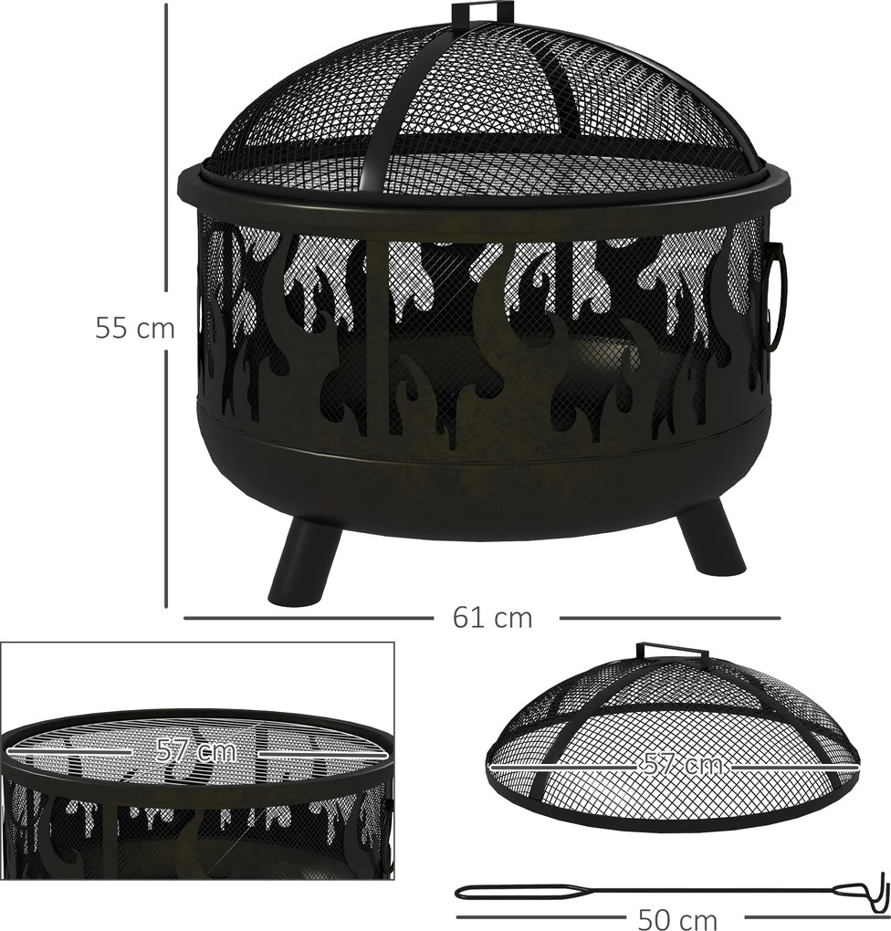Outsunny Misa kominkowa Kominek, z osłoną przeciwiskrową, 1 hak, Ø61,5 cm x 52 cm, Czarny
