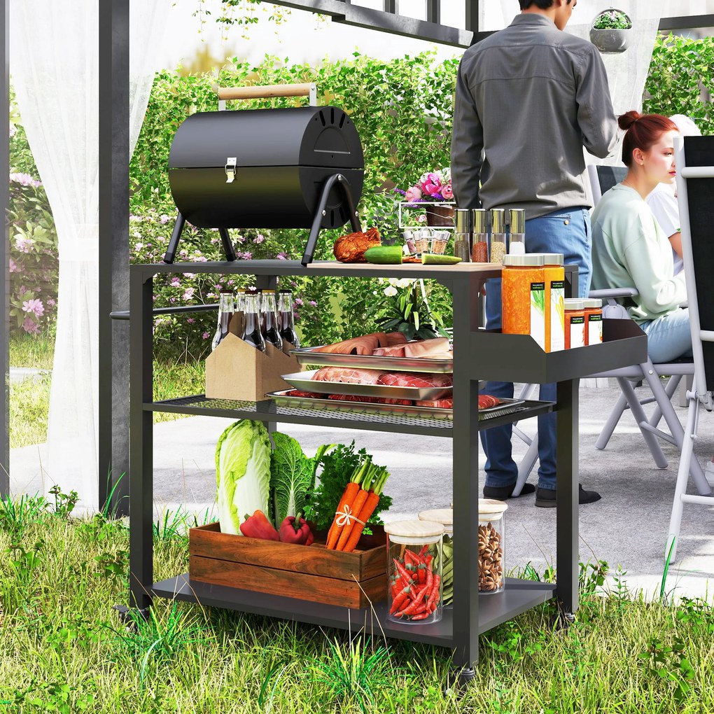 Outsunny Wyspa Kuchenna na Zewnątrz, Wózek Grillowy z Półką na Zapasy, Uchwytem, 4 Kołami, Wózek Kuchenny, Taras, Ogród, Metal, Czarny