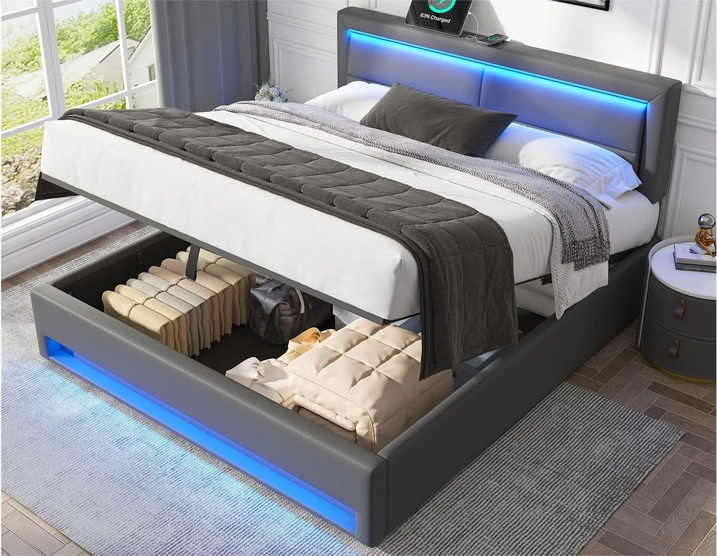 Łóżko z pojemnikiem 140x190 cm z ekoskóry z LED - z portami ładowania (przewodowym i bezprzewodowym) - Szare