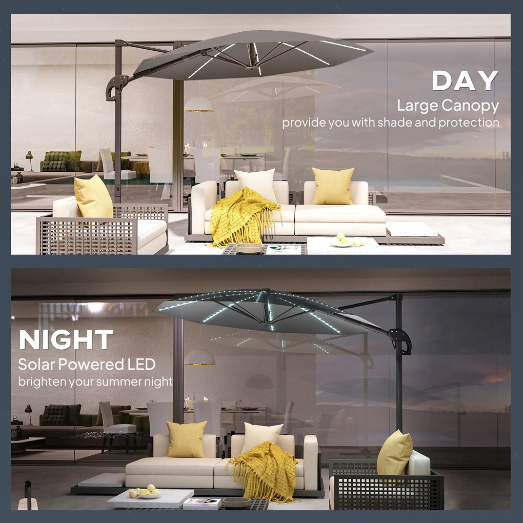 Outsunny Aluminiowy Parasol Ogrodowy LED Solar Ø300 cm Regulowana Wysokość z Korbką UV50+ Ciemnoszary