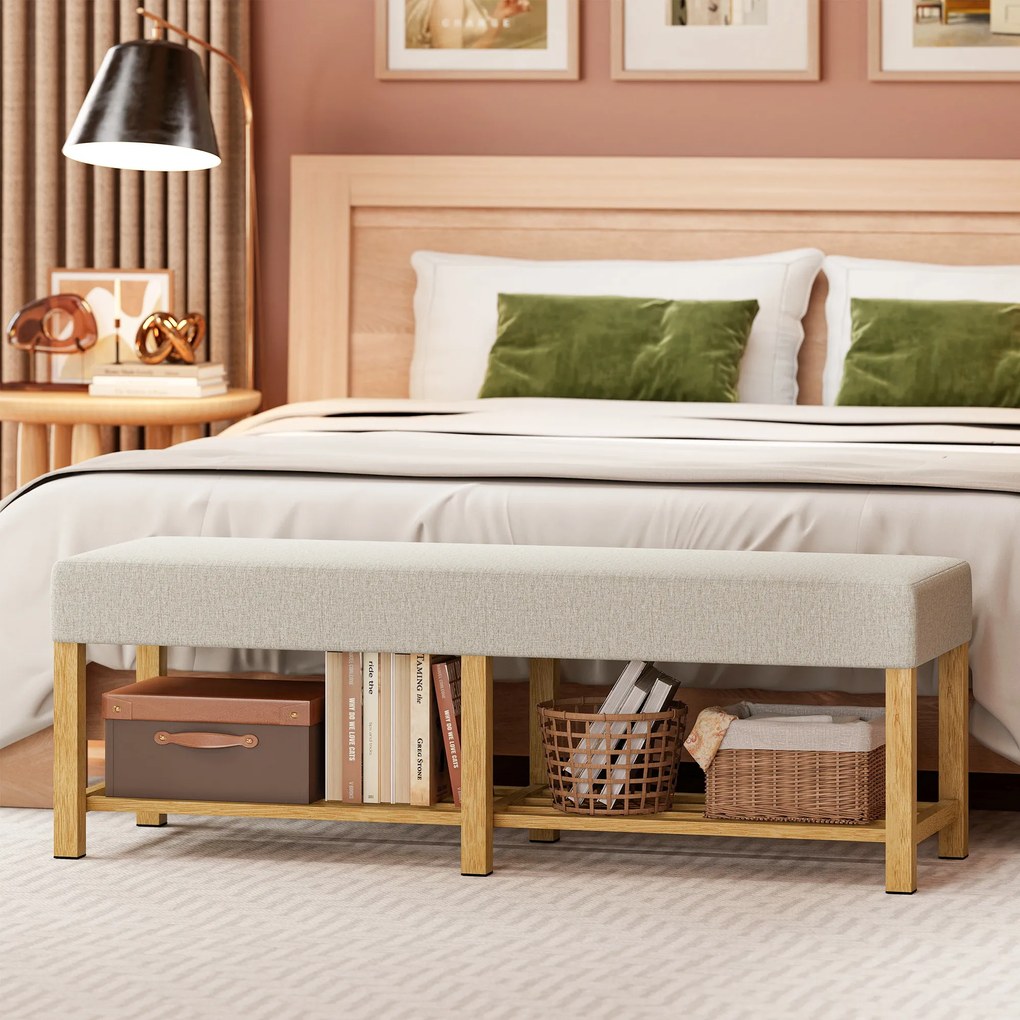 HOMCOM 140 cm Ławka na buty z drewna litego, nowoczesna ławka do przedpokoju z tapicerowanym siedziskiem dla dwóch osób, naturalne drewno i kremowy kolor | Aosom PL