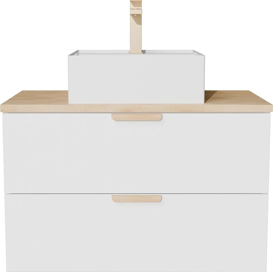 Wisząca szafka łazienkowa z umywalką wpuszczaną w blat kwadratową i baterią – Biała – S80 cm – AVORELI