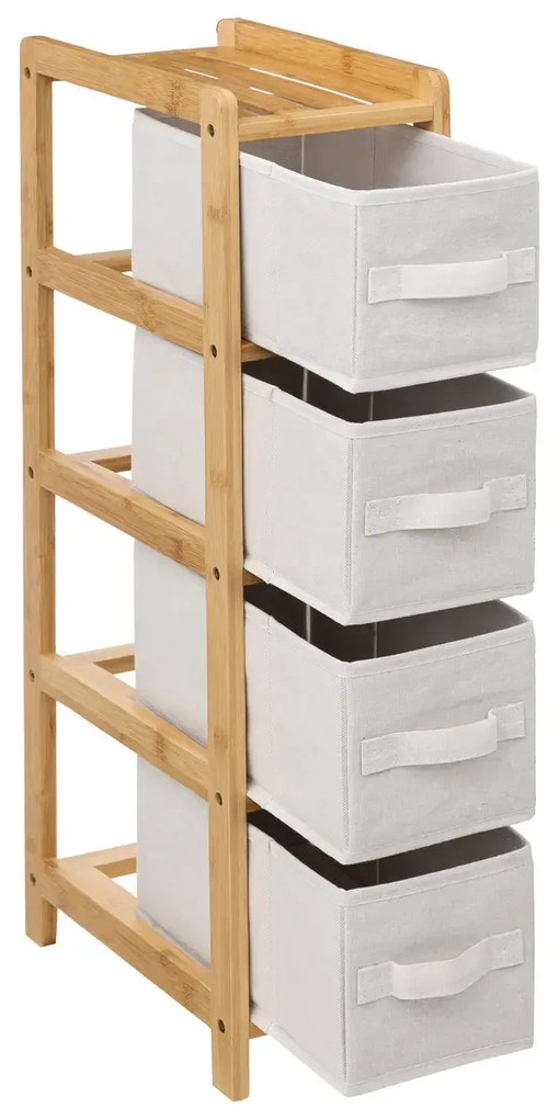 Wąski regał bambusowy TIDY z 4 materiałowymi koszami, wys. 78,5 cm