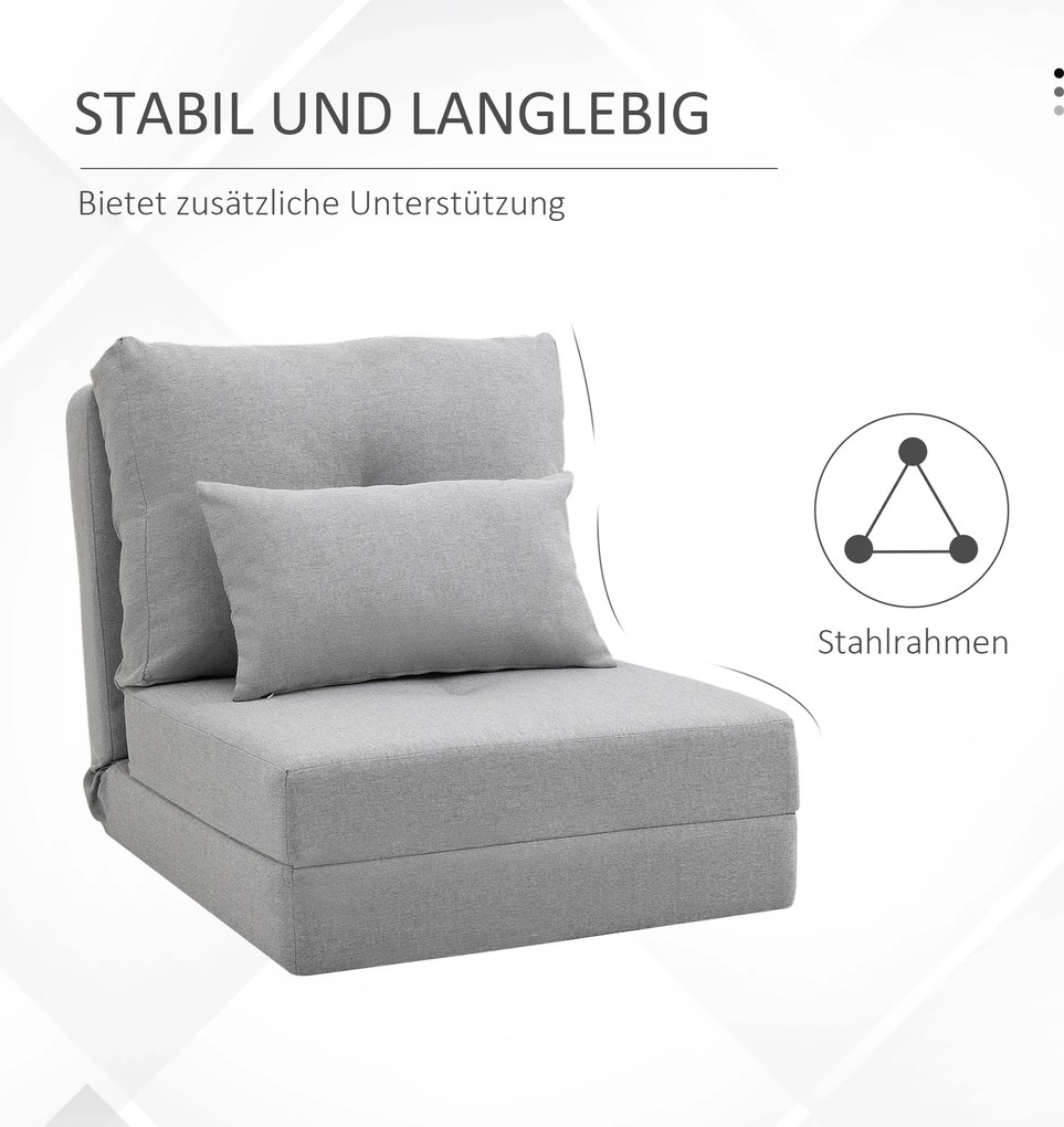 HOMCOM Sessel składana mata do spania, design 2 w 1, odpinana poduszka, 60 x 80 x 56 cm, szary