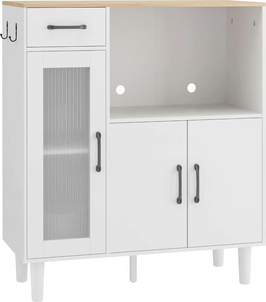 HOMCOM Kredens kuchenny z szufladą, 2 szafkami, otwartą półką, prążkowanymi drzwiami z akrylu 80 x 34 x 91 cm Biały + Dąb | Aosom PL