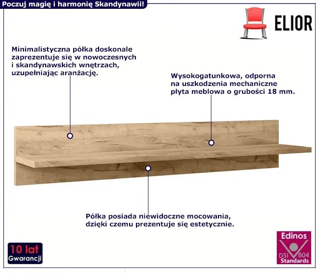 Półka ścienna nad biurko dąb craft złoty - Tida 12X