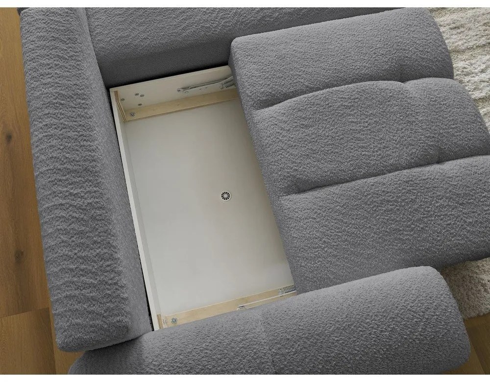 Szary rozkładany/ze schowkiem narożnik z materiału bouclé (prawostronny/z szezlongiem) Roxelane – Bobochic Paris