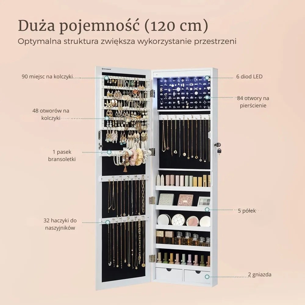 Ścienna szkatułka na biżuterię z lustrem JEWELIA z oświetleniem LED, 10x37x120 cm, biała SongmicsHome
