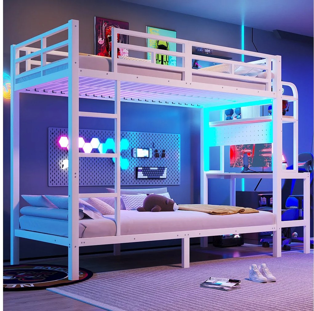 Łóżko piętrowe 90 x 200 cm - Konstrukcja żelazna - Schowki - Biurko - Oświetlenie LED - Port USB - biały (materac nie wliczony w cenę)